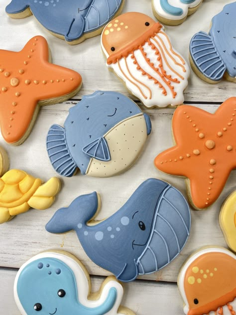 Ocean Animal Cookies Decorated, Cookies Fishing Theme, Sea Animals Party Decoration, Sea Animal Cookies Decorated, Sea Animals Cookies, Royal Icing Cookies Animals, Ocean Animal Cookies, Whale Cookies Decorated, Sea Creature Cookies