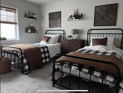 Rustic Twin Bedroom Ideas, Teen Boys Shared Bedroom Ideas, Metal Twin Bed Boys Room, Boys Shared Bedroom Ideas, Shared Boys Room Bunk Beds Rustic, Teen Boys Bedding Industrial, Young Boys Rustic Bedding, Twin Beds For Boys, Shared Boys Rooms