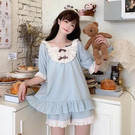 This picture doesn't belong to me!♡︎ Korean Pajamas, Kawaii Pajamas, Cute Pjs, Pajama Fashion, Sleepwear Fashion, Cute Sleepwear, Night Dress For Women, Casual Home, Cute Pajamas