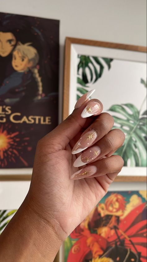 French Tip Moon Nails, French Tip Celestial Nails, Gold Design Almond Nails, Gold Twinkle Nails, Wedding Nails Stars, Gold Pattern Nails, Almond French Tip Nails With Stars, White And Gold French Tip Nails Almond, Gold Checkered Nails