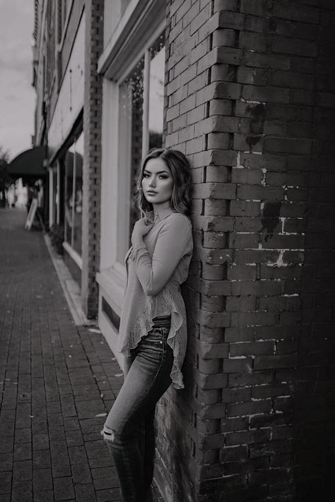 Black and white, brick, model, girl, city, poses, photoshoot Brick Wall Photoshoot Ideas Aesthetic, Brick Building Photoshoot, Brick Wall Senior Pictures Posing Ideas, Brick Background Photoshoot, Brick Photoshoot, Brick Wall Photoshoot Ideas, Urban Photoshoot Women, Alleyway Photoshoot, Small Town Photoshoot