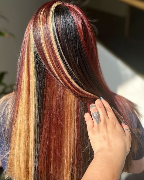 calico chronicles continued 😍 how are we feeling about this hair trend… I’m in love 🧡🧡🧡 . . . . . #dallamakeup #dallashair #calicohair #pravanagloss #pravanachromasilk Straight Calico Hair, Calico Hair Straight, Calico Hair Black Women, Red Calico Hair, Blonde Calico Hair, Curly Calico Hair, Calico Hair Color Hairstyles, Calico Hair Color, Hair Color Combos