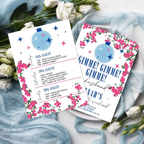 Mamma Mia Wedding, Itinerary Invitation, Bachelorette Weekend Itinerary, Bachelorette Weekend Invitations, Blue Bridal Shower, Weekend Itinerary, 17th Birthday, Bachelorette Weekend, Hen Do