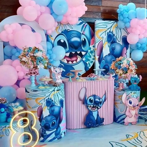 Stitch And Angel Decorations, Uma Birthday Party Ideas, Cumple De Stitch Ideas, Stitch And Angel Birthday Party, Stitch Themed Birthday Party, Lilo And Stitch Cake, Lilo And Stitch Merchandise, Stitch Cake, Stitch Birthday