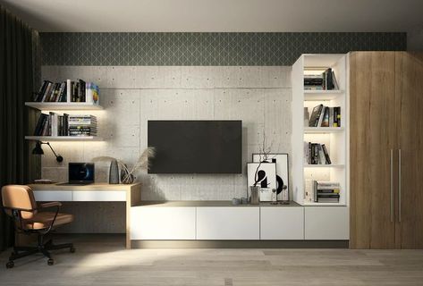 Tv Study Room, Tv Wall With Working Desk, Tv Wall With Desk, Tv Desk Living Room, Grey Interior Design, Tv Room Design, Desk In Living Room, Tv In Bedroom, Tv Wall Design