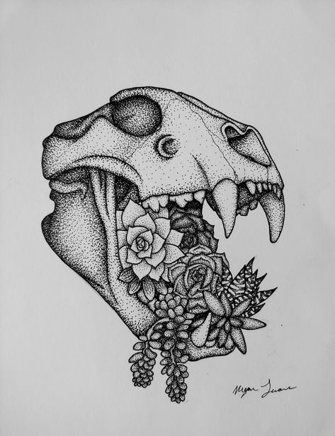 Mountain Lion Skull Tattoo, Skull With Succulents Tattoo, Skull And Succulent Tattoo, Stippling Tattoo Ideas, Lion Skull Tattoo Design, Stippling Tattoo Design, Lion Skull Drawing, Delilah Tattoo, Lion Skull Tattoo