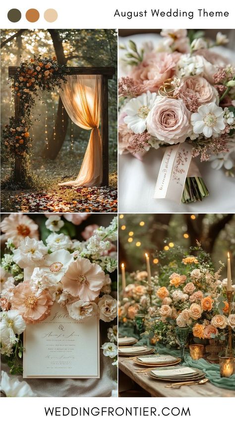 August wedding colors for a late-summer, warm palette. Bronze Wedding Theme Color Palettes, Royal Wedding Colors Schemes, Wedding Ideas Color Schemes Fall, Color Palette For Summer Wedding, Warm Color Wedding Theme, Summer/fall Wedding Colors, Elegant Wedding Palette, Summer Wedding Pallet, October Wedding Color Palette