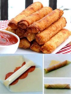 Telur Gulung, Pizza Sticks, Won Ton, Pizza Recipes Easy, Football Food, Snacks Für Party, Egg Rolls, Types Of Food, Finger Food