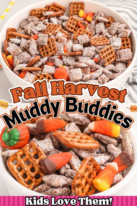 Fall Harvest Muddy Buddies, often called fall puppy chow Chex Mix, is a family favorite munchable, crunchable, sweet, and salty snack with a Fall twist. This quick and easy no-bake recipe can be made in 15 minutes simply by coating Chex cereal with chocolate chips, peanut butter, butter, and powdered sugar, and tossing in candy corn and your favorite Halloween treats. Halloween Muddy Buddies Puppy Chow, Sweet And Salty Puppy Chow, Fall Puppy Chow Chex Mix Recipe, Autumn Mix Candy Corn, Fall Chex Mix Recipes Puppy Chow, Fall Puppy Chow Recipe, Halloween Puppy Chow Chex Mix Recipe, Candy Corn Halloween Treats, Corn Chex Mix Recipes