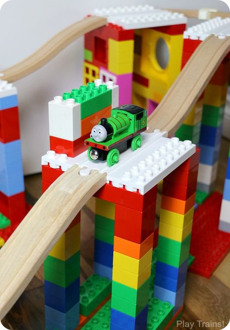 When Dreamup Toys sent us these building toys that connect wooden train tracks to interlocking building blocks to review, I knew they'd be cool, but I had no idea they would supercharge my son's creativity so much! Wooden Train Track, Creative Building, Lego Activities, Lego Blocks, Wooden Train, Thomas The Train, Construction Toys, Lego Projects, Toddler Fun