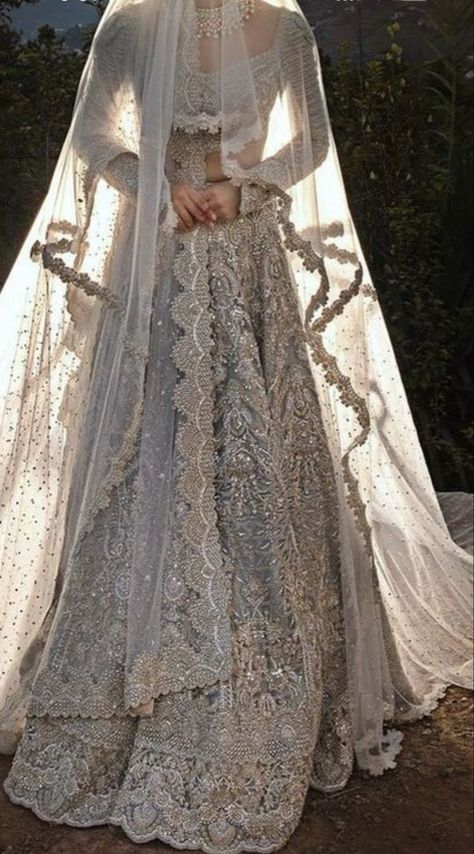 White Wedding Dresses Pakistani, Unique Dresses Indian, White Nikkah Lehnga, Silver Nikkah Dress, Silver Desi Wedding Dress, Pink And Silver Nikkah Dress, Valima Bridal Dress Pakistan White, Mahira Khan Dresses, Wedding Dresses Pakistani