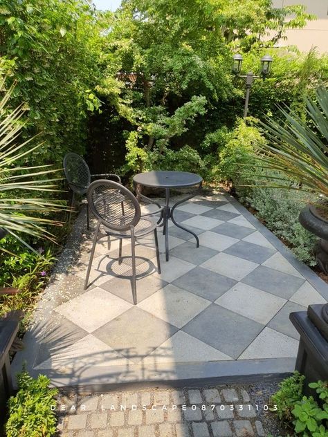 Modern Traditional Landscaping, Landscape With White Rocks, Checkered Outdoor Pavers, Checkered Outdoor Patio, Checker Paver Patio, Checkerboard Pavers Backyard, Checkerboard Outdoor Patio, Black And White Pavers Patio, Checker Board Patio