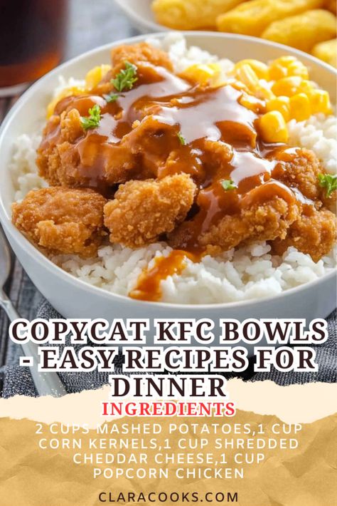 Copycat KFC Bowls - Easy Recipes for Dinner Kfc Bowl Recipe Casserole Easy, Kfc Bowls Copycat, Core Life Eatery Copycat Recipes, Kfc Bowl Recipe Casserole, Copycat Kfc Bowl, Kfc Bowl Recipe, Famous Bowl Recipe, Kfc Famous Bowl Recipe, American Diner Food