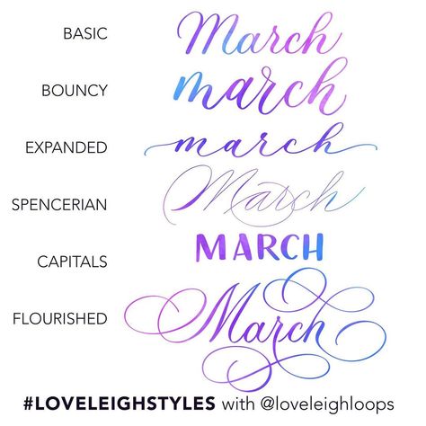 Jillian & Jordan | Calligraphy on Instagram: “February is a short month which means March is almost here! Which of our six #loveleighstyles is your favorite? Swipe to see our March…” March Lettering, Brush Lettering Tutorial, Calligraphy Writing Styles, Lettering Styles Alphabet, Hand Lettering Worksheet, Daily Prompts, Learn Hand Lettering, Calligraphy Lessons, Hand Lettering Styles