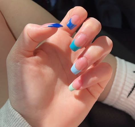 Blue Shades French Tip Nails, Short Coffin Blue French Tip Nails, Blue And Green Tip Nails, Blue And Green French Nails, Two Tone French Tip Nails Blue, Blue French Tip Nails Different Shades, Coloured French Tip Nails Coffin, Blue Nails Extensions, Multi Blue French Tip Nails