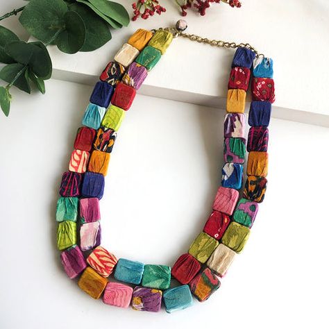 Handmade Fair Trade Necklaces • WorldFinds Arte Hippy, Bold Statement Necklaces, Handmade Fair, Fiber Jewelry, Fabric Necklace, Paper Jewelry, Textile Jewelry, Fabric Beads, Square Bead