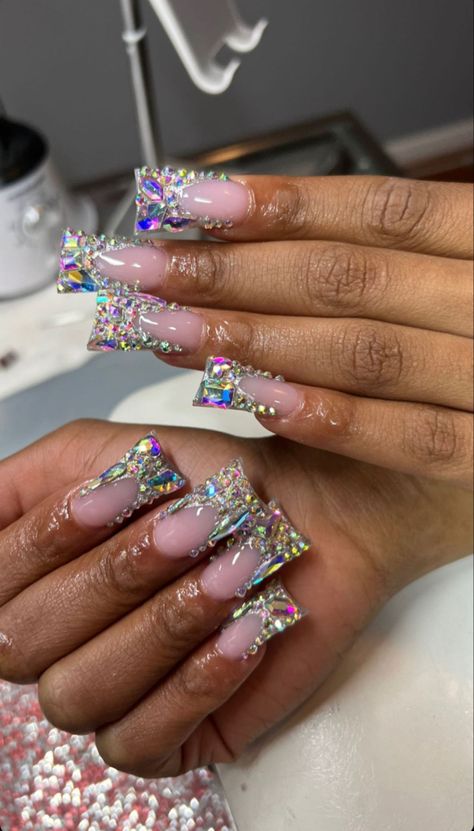 Diamond Duck Nails, Duck Bling Nails, Rhinestone Duck Nails, Blinged Out French Tip, Medium Junk Nails, Bling Duck Nails, Bling Nail Art, Punk Nails, Duck Nails