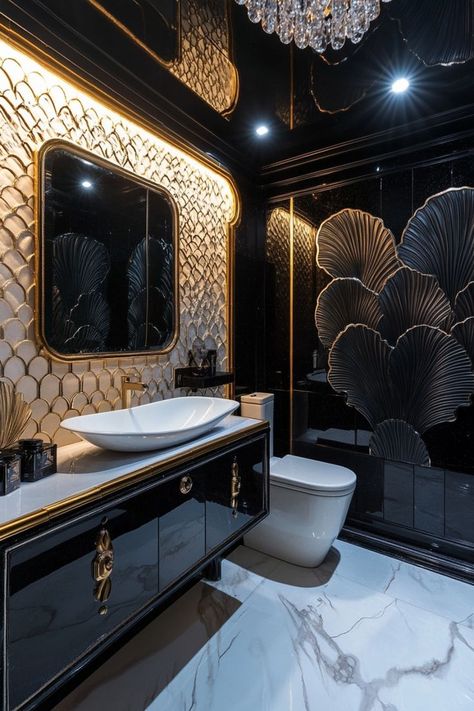 Add a touch of Art Deco glam to your bathroom with bold geometric patterns, metallic finishes, and rich colors. Opt for black and gold accents, intricate tiling, and vintage-inspired fixtures. A statement mirror and luxurious lighting will complete this glamorous look. ✨🛁 Luxury Bathroom Design Black, Whimsical Coffee Table, Hollywood Regency Interior Design, Vintage Glam Bathroom, Black Tile Bathrooms, Black And Gold Bathroom, Luxxu Modern Design Living, Statement Mirror, Art Deco Bathroom