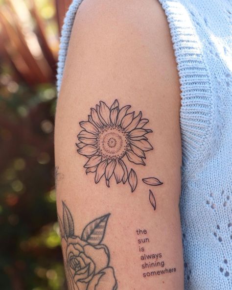 Sunflower Back Arm Tattoo, Sunflower Tattoo On Arm For Women, Medium Size Forearm Tattoos For Women, Cool Arm Tats For Women, Up Arm Tattoo Woman, Tattoos Bicep Women, Back Of Arm Tattoos For Women Upper, Small Fore Arm Tattoos For Women, Multiple Tattoos On Arm Women