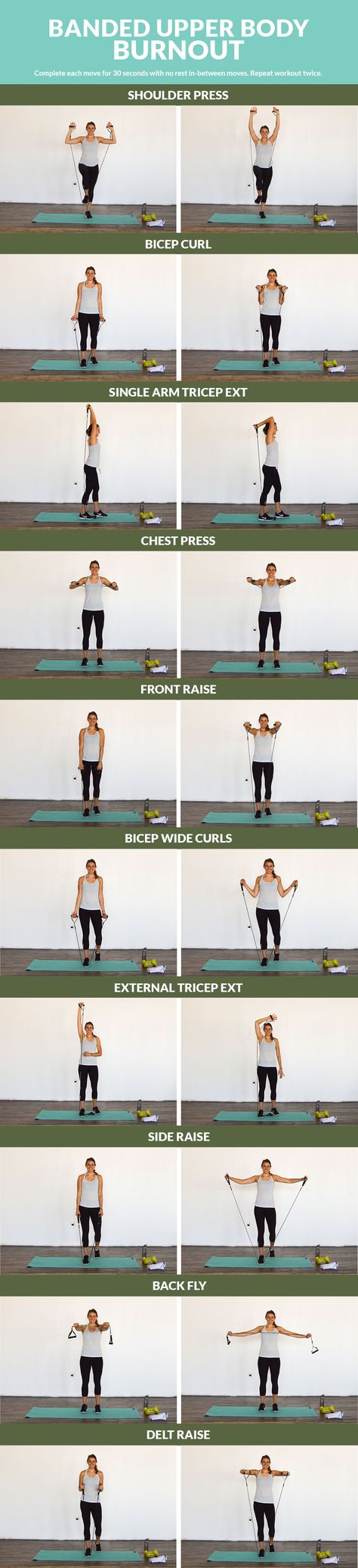 Banded Upperbody Burnout  Workout - Tone your arms, chest and back with this 10-minute strengthening circuit. Banded Upper Body Workout, Burnout Workout, Tone Your Arms, Strict Diet, Circuit Workout, Resistance Band Exercises, Chest Workouts, Crossfit Workouts, Chest Workout