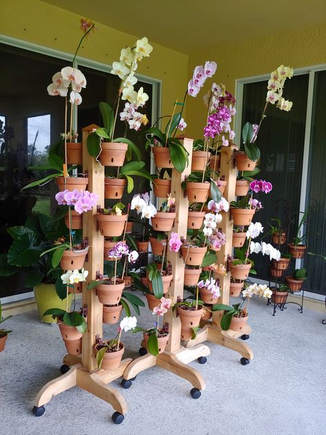 Need more space for your orchids? Hangapot solid cedar plant stands come in 3' and 5' with legs, wheels, and award winning hangapot™ flower pot hangers. Hangapot hangers securely hold clay pots 4"-10" on any surface. www.hangapot.com Orchid Holder Ideas, Plant Stand Decor Ideas, Orchid Planter Ideas, Orchid Stand, Orchid In Pot, Rolling Plant Stand, Plant Shelves Outdoor, Small Space Garden, Plant Stand Decor