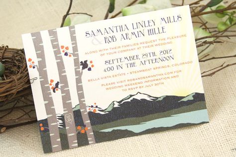 Art Nouveau Spring Rocky Mountains with Birch Trees 5x7 Wedding Invitation: Get Started Deposit or DIY Payment Music Art Diy, Art Nouveau Wedding Invitation, Birch Tree Wedding, Mountain Wedding Invitations, Art Nouveau Weddings, Spring Wedding Invitations, Lodge Wedding, Birch Trees, Wedding Weekend