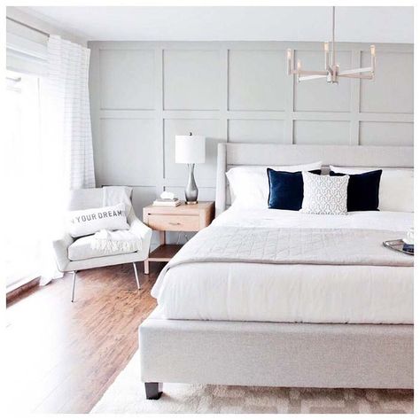 Light grey bedroom wall wainscoting Wall Wainscoting, Light Gray Bedroom, Wainscoting Ideas, Gray Bedroom Walls, Dining Room Wainscoting, Wainscoting Styles, Accent Wall Bedroom, Grey Bedroom, Wall Bedroom