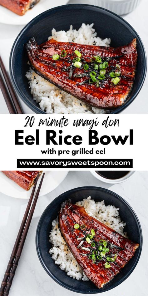 Unadon (or unagi don) is a Japanese grilled eel rice bowl that's incredibly flavorful and effortless to make. In just about 20 minutes, you can whip up this mouthwatering dish that combines tender, caramelized pre grilled eel with steamed rice and a luscious eel sauce for a tasty meal. Eel Rice Bowl, Eel Recipe, Unagi Don, Eel Recipes, Unagi Sushi, Grilled Eel, Eel Sushi, Dnd Food, Eel Sauce