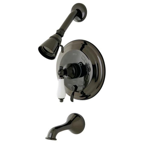 Kingston Brass Porcelain Lever Single-Handle 4-Spray Tub and Shower Faucet with Valve in Black Stainless Steel (Valve Included) Bathroom Tubs, Shower Diverter, Small Showers, Shower Faucet Sets, Tub And Shower, Rainfall Shower Head, Tub Spout, Tub Shower, Bath Faucet