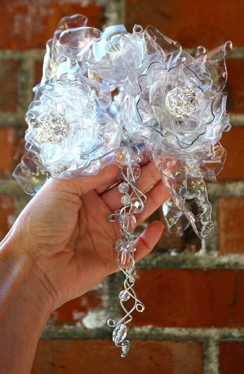 Art Of Using Plastic Flowers To The Best Advantage - Bored Art Beaded Flower Bouquet, Plastic Spoon Art, Bottle Bouquet, Jeweled Brooch, Bottle Flowers, Unique Wedding Bouquet, Beaded Bouquet, Plastic Bottle Flowers, Purple Wedding Bouquets