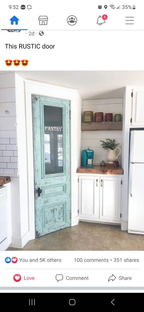 Rustic Pantry Door, Pantry Redo, Rustic Pantry, Hot Chocolate Station, Chocolate Station, Kitchen Pantry Doors, Farmhouse Pantry, Corner Pantry, Style Pantry