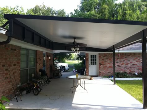 ceiling fan for carport | Commercial Door Hood Awnings – La Porte Commercial Carport Walls on ... Metal Patio Covers, Pergola Shade Diy, Aluminum Carport, Carport Patio, Covered Patio Design, Outdoor Covered Patio, Commercial Door, Carport Designs, Pergola Lighting