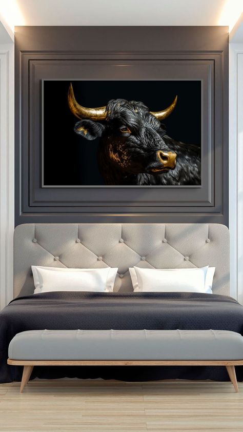 Bull Decor, Gold Horns, Golden Painting, Black Bull, Farmhouse Wall Decor, Large Canvas Prints, Office Walls, Office Wall Art, Large Canvas