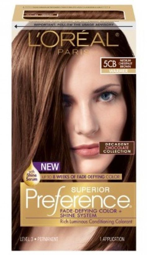 L'Oreal Paris Superior Preference 5CB, Medium Chestnut Brown Loreal Hair Color Chart, Medium Chestnut Brown, Hair Color Brown Chestnut, Loreal Hair Color, Chestnut Brown Hair, Medium Hair Color, Hair Color Chart, Chocolate Brown Hair, Colored Curly Hair