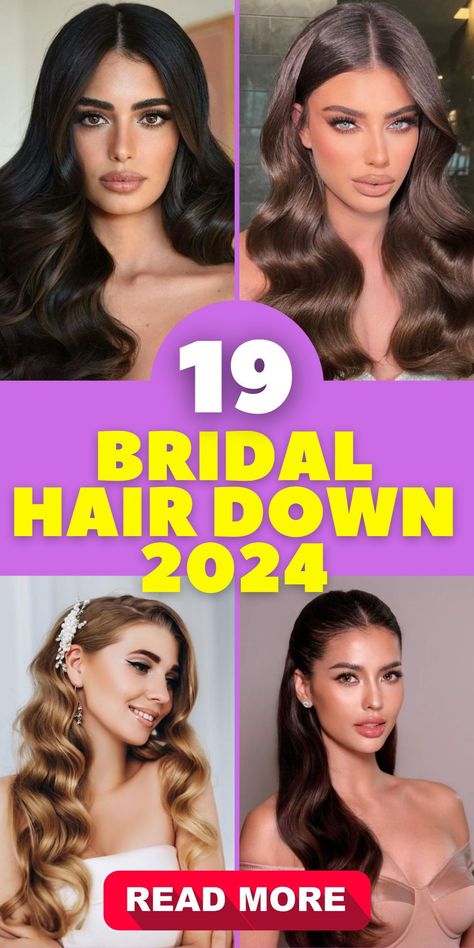 Make a stunning entrance on your wedding day with bridal hair down in 2024. This timeless hairstyle suits long hair of all colors, but long brunette locks, in particular, create a striking contrast. Choose between classic, modern, or boho styles, and enhance your look with a veil or elegant tiara. Timeless Wedding Hair With Veil, Pinned Back Bridal Hair, Hairdo Down Wedding, Veil With Long Hair Down, Wedding Hair Down Pulled To One Side, Hollywood Waves Wedding Medium Hair, Modern Wedding Hair Down, Bridal Hair Down With Tiara, Brides With Long Hair