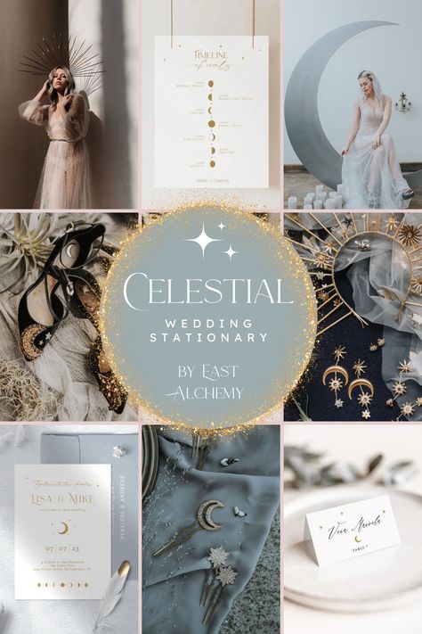 "Among ethereal and celestial forces refined elegance shines the brightest." Under the Moon, Gold Stars and Moon Crescent, Celestial Wedding, Stars and Moon theme. Celestial Beach Wedding, Celestial Engagement Party, Wedding Celestial Theme, Celestial Wedding Color Palette, Blue Celestial Wedding, Celestial Moodboard, Under The Stars Wedding Theme, Moon Theme Wedding, Astronomy Wedding Theme