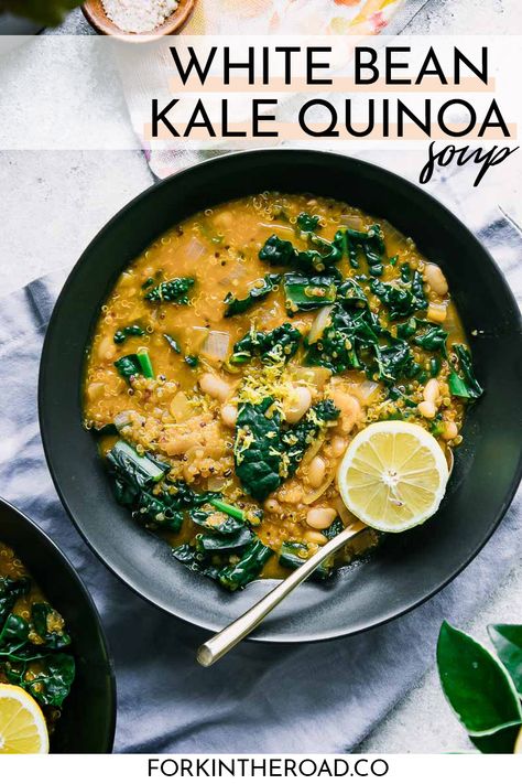 White Bean Kale Quinoa Soup, a simple one-pot plant-based soup made with cannellini bean, quinoa, kale, and lemon that comes together under 40 minutes. A perfect freezer-friendly meal prep recipe! #soup #vegan #plantbased #quinoa #kale #beans #cannellini #forkintheroad #recipe via @kristinatodini Kale Quinoa Soup, Chowders Recipes, White Bean Kale, Recipe Quinoa, Bowls Recipes, Vegetarian Soups, Cannellini Bean, Kale Quinoa, Quinoa Kale