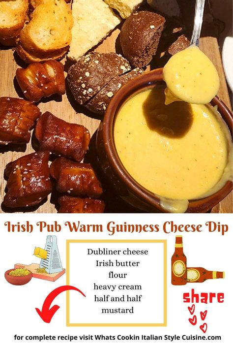 Irish Pub Warm Guinness Cheese Dip | What's Cookin' Italian Style Cuisine Irish Pub Cheese Dip, Irish Cheddar Whiskey Fondue, Guinness Cheese Dip, Pub Style Food Ideas, Irish Pub Food Appetizers, Irish Dips, Irish Cheese Dip, Irish Pub Cheese, Irish Beer Cheese Dip