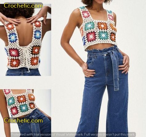 Kawaii Rainbow Mirage: Free Crochet Grid Pattern Granny Square Shirt Pattern, Top Granny Square Crochet, Granny Square Top Pattern, Granny Square Shirt, Crochet Top Granny Square, Granny Square Crochet Top, Granny Square Crop Top, Crochet Crop Top Pattern, Mode Crochet