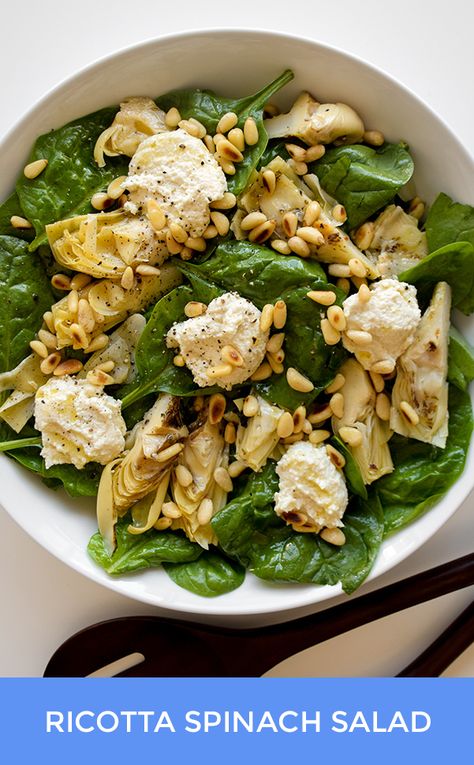 Artichoke Spinach Salad, Ricotta Spinach, Ricotta Salad, Ricotta Cheese And Spinach Recipes, Spinach Riccota, Spinach Ricotta Brunch Bake, Ricotta Spinach Pizza, Spinach Goat Cheese Salad, Pine Nuts Salad