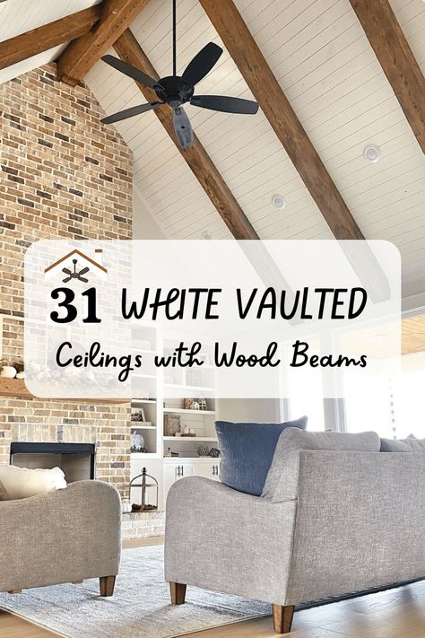 The simplicity of a white vaulted ceiling with wood beams is perfect for any home. Whether you're looking to give your room an updated look or just want to keep it simple, this design is a great option. White Vaulted Ceiling, Vaulted Ceiling With Wood Beams, Beams In Living Room, Ceilings With Wood Beams, Ceilings With Wood, Ceiling With Wood, Living Room Ceilings, Ceiling Ideas Living Room, Stained Wood Beams