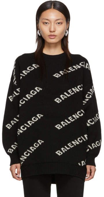 Balenciaga Black and Off-White Jacquard Logo Crewneck Sweater Balenciaga Sweater Outfit Women, Balenciaga Sweater Outfit, Sweater Outfit Women, Balenciaga Sweater, Balenciaga Clothing, Balenciaga Black, Sweater Outfit, Logo Pattern, Jacquard Knit