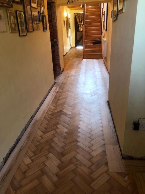 Installation of reclaimed parquet flooring with clear seal Flooring Hallway, Reclaimed Parquet Flooring, Floor Sanding, Floor Renovation, Herringbone Floor, Parquet Flooring, Wooden Flooring, Sanding, Hallway