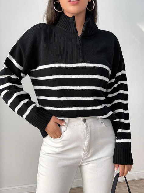 SHEIN Stripe Pattern Half Zipper Drop Shoulder Sweater | SHEIN USA Casual Turtleneck, Coachella Dress, Preppy Fall, Boutique Sweater, Drop Shoulder Sweaters, Plus Size Sweaters, Thanksgiving Outfit, Ribbed Knit Sweater, Black White Fashion