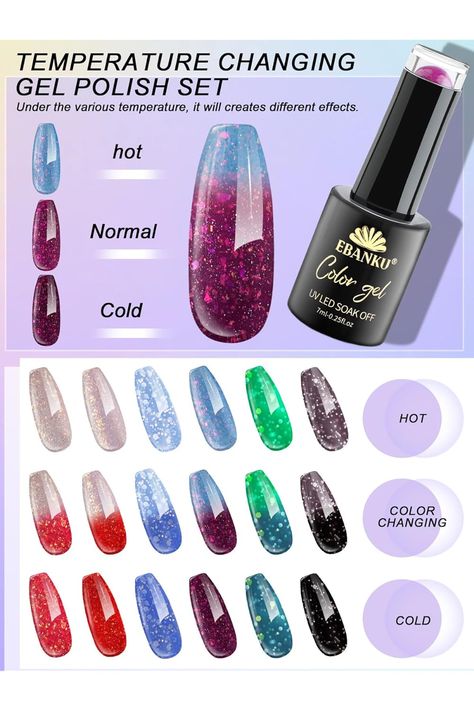 EBANKU Color Changing Gel Nail Polish Set 6 Colors Glitter Mood Temperature Change Gel Polish Soak Off Pink Blue Green Full Colors Thermal Reflective Gel Nail Polish Nail Art Manicure for Women Nail Polish Nail Art, Nail Polish Set, Gel Nail Polish Set, Gel Nail, Gel Nail Polish, Gel Polish, Color Change, Pink Blue, Beauty And Personal Care