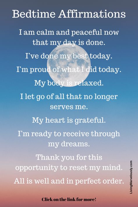 Try using these 29 bedtime affirmations for peace and relaxation to calm your mind before sleep. Turn off the worries of the day and get the rest you need. #bedtimeaffirmations #affirmations #sleep #livingmarvelously Positive Bedtime Thoughts, Motivational Quotes Before Sleep, Affirmations For Happiness And Peace, Bedtime Thoughts, Nightly Affirmations, Simply Quote, Positive Quotes For Life Encouragement, Bedtime Affirmations, Sleep Affirmations