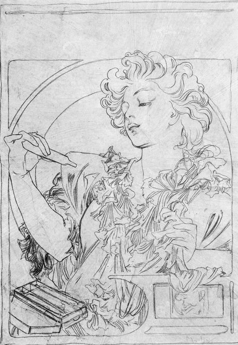 Alphonse Mucha Inspired Art, Art Nouveau Alphonse Mucha, Alphonse Mucha Poster, Art Noveau Sketches, Poster Sketch Design, Art Nouveau Sketch, Mucha Drawing, Perfume Reference, Mucha Sketch