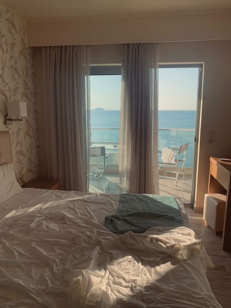 Summer; hotel room; view; sea; morning; Greece Pretty Hotel Rooms, Greece Hotel Room, Fancy Hotel Aesthetic, Nice Hotel Room, Fancy Hotel Room, Aesthetic Hotel Room, Beachy Room Aesthetic, Beach Hotel Room, Greece Resorts