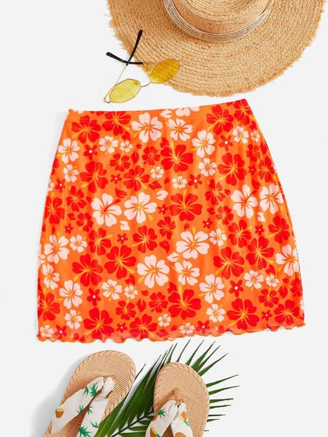 Free Returns ✓ Free Shipping On Orders $49+ ✓. SHEIN Floral Print Lettuce Trim Mesh Skirt- Women Skirts at SHEIN. Hawaiian Skirt, Orange Skirt, Women Skirts, Mesh Skirt, Summer Dress Outfits, Plus Size Skirts, Inspiration Mode, Skirt Pattern, Skirt Outfits