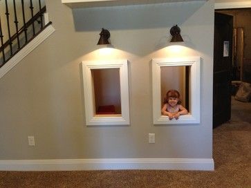 Cute under the stairs play area for the girls. Basement Playroom, Modern Basement, Under The Stairs, Small Basements, Playroom Design, Basement Design Ideas, Basement Flooring, Unfinished Basement, Basement Decor